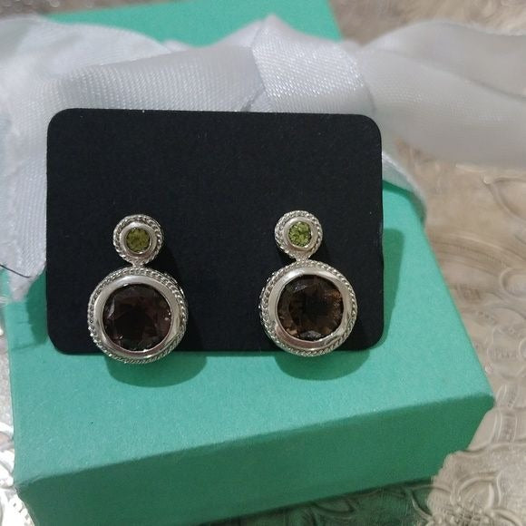 Smoky Topaz and Peridot in Sterling Silver Post Earrings
