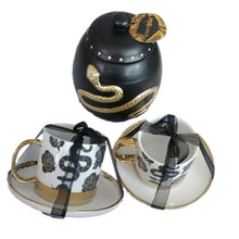 Load image into Gallery viewer, Halloween Elegance Black + Gold Serpents + Roses Coffee Tea Cups + Sauce with Lg. Canister