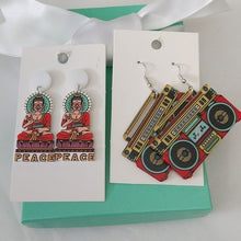 Load image into Gallery viewer, Peace Buddha + Retro Boom box Music Earrings, set of 2