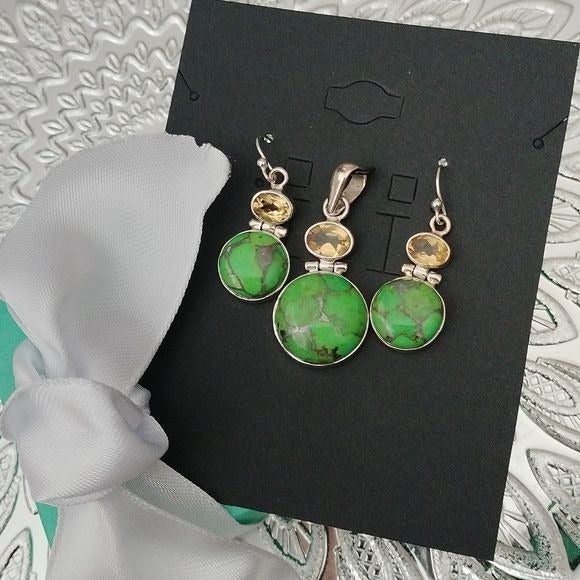 Ster Silver, Green Turquoise Citrine Pendant Earrings S…