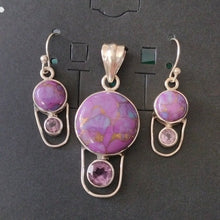 Load image into Gallery viewer, Round Purple Mojave Turquoise + Amethyst Pendant + Earrings Set Sterling Silver