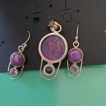 Load image into Gallery viewer, Round Purple Mojave Turquoise + Amethyst Pendant + Earrings Set Sterling Silver