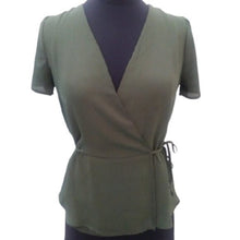 Load image into Gallery viewer, Lily White Wrap Style Sheer Polyester Career Blouse, Olive Green, Size XS