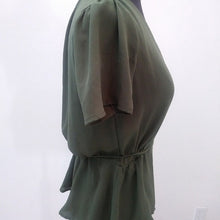 Load image into Gallery viewer, Lily White Wrap Style Sheer Polyester Career Blouse, Olive Green, Size XS