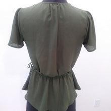 Load image into Gallery viewer, Lily White Wrap Style Sheer Polyester Career Blouse, Olive Green, Size XS