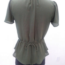 Load image into Gallery viewer, Lily White Wrap Style Sheer Polyester Career Blouse, Olive Green, Size XS