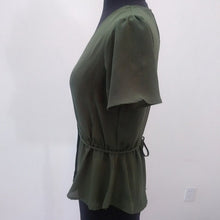 Load image into Gallery viewer, Lily White Wrap Style Sheer Polyester Career Blouse, Olive Green, Size XS