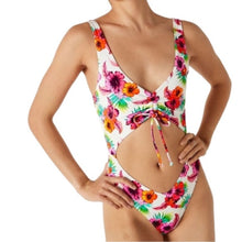 Load image into Gallery viewer, PINK Victoria's Secret White One-piece Ruched front swim suit, Vivid Flowers, XL