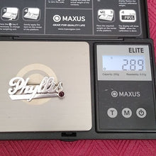 Load image into Gallery viewer, Vintage Basch Sterling PHYLLIS name in Script Brooch Silver with Garnet, 2.89 g