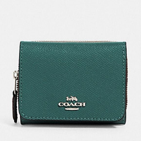 Coach 37968 Crossgrain Leather Small Trifold Wallet, SV/Dark Turquoise