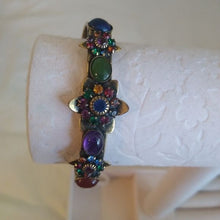 Load image into Gallery viewer, Vintage Mary DiMarco Antiqued Gold Cuff Bracelet with Blue, Green and Red Stones