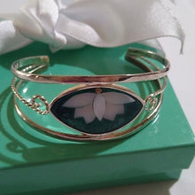 Load image into Gallery viewer, Alpaca Silver Tone Mexico Mother-of-pearl Enamel Inlay  Butterfly Cuff Bracelet
