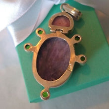 Load image into Gallery viewer, Charoite, Rhodochrosite + Peridot set in Sterling Silver Turtle Pendant