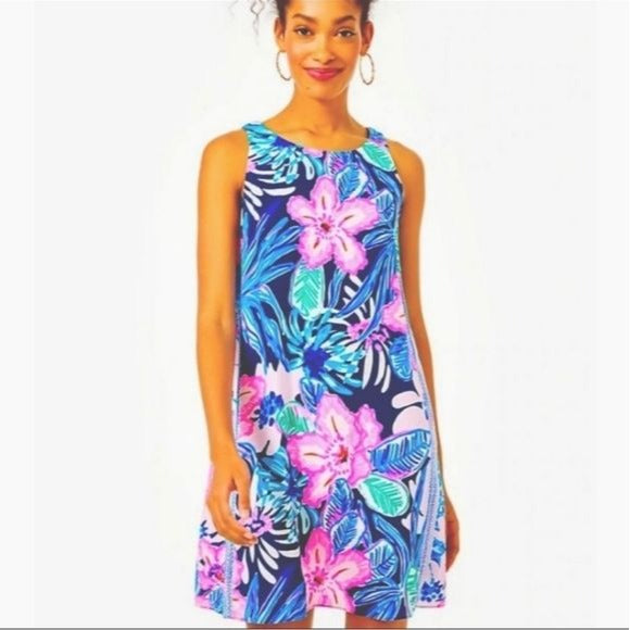 jackie silk shift dress Lilly Pulitzer Jackie Silk Shift Dress (Size XXS) (High Tide Navy Sugar Mambo Engineered Dress)