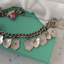 Load image into Gallery viewer, Vintage Silver Traveler's Bracelet with 15 Enamel Shield Charms