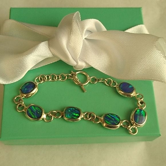 Blue Fire Opal + Sterling Silver Chain Bracelet Mexico, 7