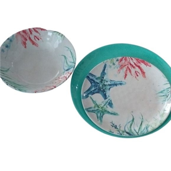 Melamine Sea Life Starfish Salad Plate, Turquoise Dinner Plate and matchin…