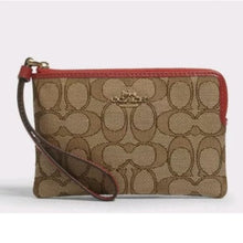 Load image into Gallery viewer, Coach Outline Signature Corner Zip Wristlet F58033 Khaki/True Red
