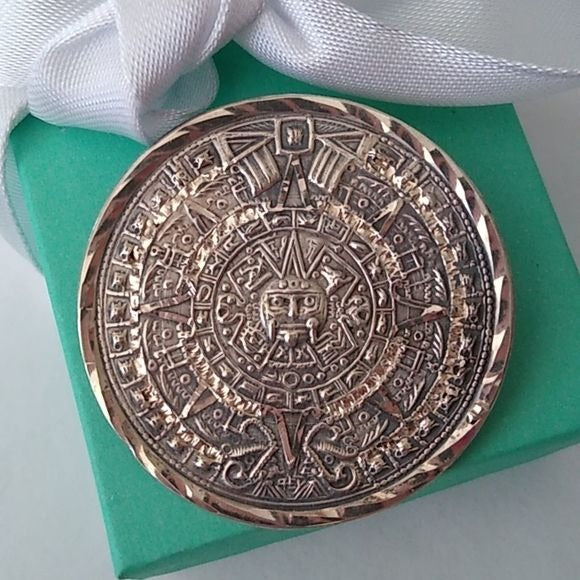 Vintage Mayan Aztec Sun Calendar Mexican Brooch Pendant Sterling Silver 925
