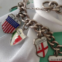Load image into Gallery viewer, Vintage Silver Traveler's Bracelet with 15 Enamel Shield Charms