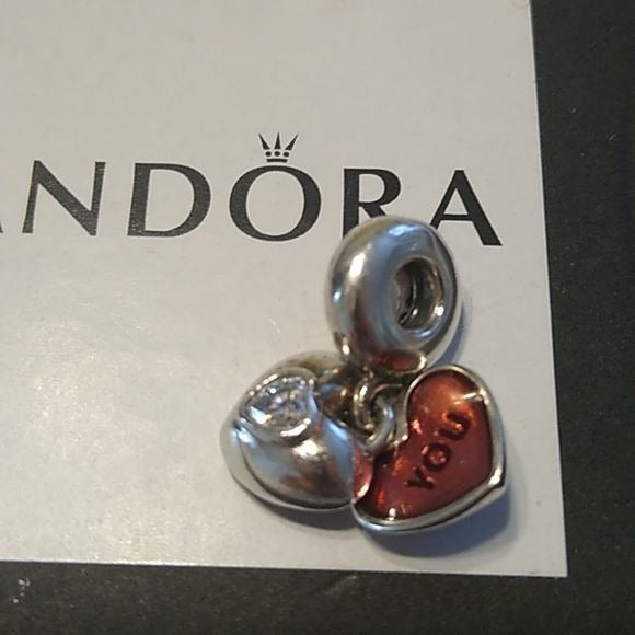Pandora You and Me Heart Dangle Charm w/ Pink Enamel 791244CZ