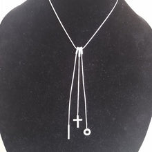Load image into Gallery viewer, Sterling Silver Contemporary Y Necklace with CZs accenting Bar, Cross, + Open O