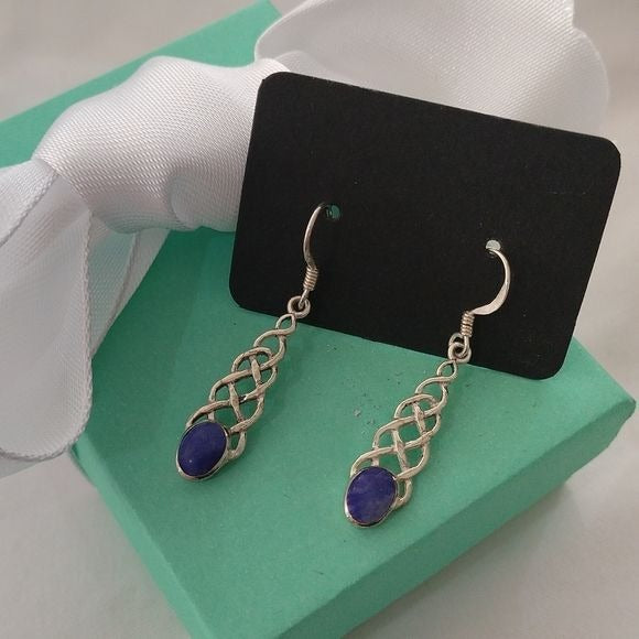925 Sterling Silver Long Celtic Knot w/ Lapis Lazuli Oval Cabs Earrings