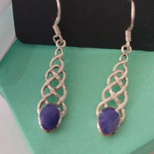 Load image into Gallery viewer, 925 Sterling Silver Long Celtic Knot w/ Lapis Lazuli Oval Cabs Earrings
