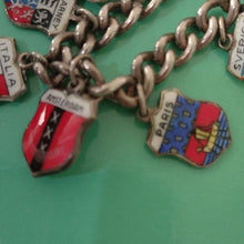 Load image into Gallery viewer, Vintage Silver Traveler's Bracelet with 15 Enamel Shield Charms