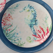 Load image into Gallery viewer, Melamine Sea Life Sea Horse Salad Plate, Blue Dinner Plate and matching Bowl