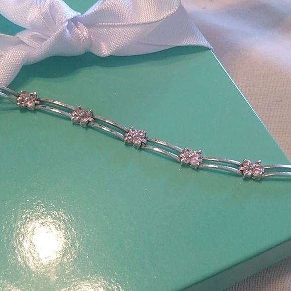 925 Sterling Silver + Pink stones Flower Bracelet, 7