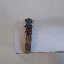 Load image into Gallery viewer, Vintage Mary DiMarco Antiqued Gold Cuff Bracelet with Blue, Green and Red Stones