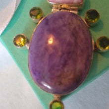 Load image into Gallery viewer, Charoite, Rhodochrosite + Peridot set in Sterling Silver Turtle Pendant
