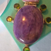 Load image into Gallery viewer, Charoite, Rhodochrosite + Peridot set in Sterling Silver Turtle Pendant