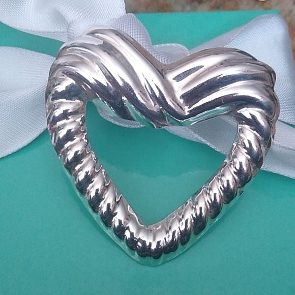925 Sterling Silver Vintage Mexico Ribbed Large Open Heart Pin Brooch CII