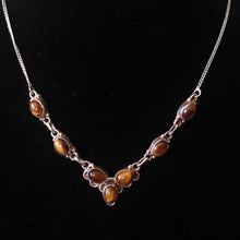 Load image into Gallery viewer, Sterling Silver + Tigers Eye V shaped Station Necklace, 18&quot;
