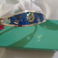 Load image into Gallery viewer, Alpaca Silver Tone Mexico Crushed Turquoise + Abalone Shell Inlay Cuff Bracelet