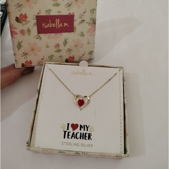 Isabella M.  925 Silver Vermeil I Love My Teacher Necklace Apple inside Heart