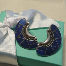 Load image into Gallery viewer, MicroCut Crescent Lapis Lazuli Earrings Navajo made Andrew Johnson AJ Sterling

