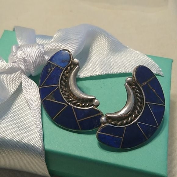 MicroCut Crescent Lapis Lazuli Earrings Navajo made Andrew Johnson AJ Sterling