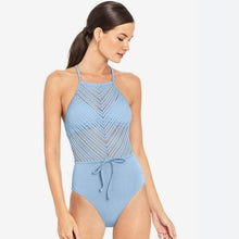 Load image into Gallery viewer, Robin Piccone Perla High Neck Crochet Mix Swimsuit, Pacific Blue, 2