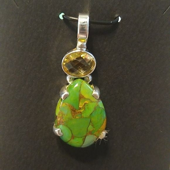 Green Mojave Turquoise + Citrine Sterling Silver 925 Teardrop Pendant