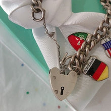 Load image into Gallery viewer, Vintage Silver Traveler's Bracelet with 15 Enamel Shield Charms