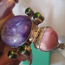 Load image into Gallery viewer, Charoite, Rhodochrosite + Peridot set in Sterling Silver Turtle Pendant