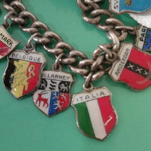 Load image into Gallery viewer, Vintage Silver Traveler's Bracelet with 15 Enamel Shield Charms