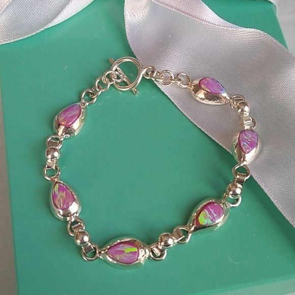 Pink Fire Opal + Sterling Silver Chain Bracelet Mexico, 8