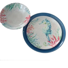 Load image into Gallery viewer, Melamine Sea Life Sea Horse Salad Plate, Blue Dinner Plate and matching Bowl