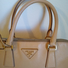 Load image into Gallery viewer, Authentic Prada Saffiano Lux Promenade Top Handle Satchel Bag in Cameo Beige