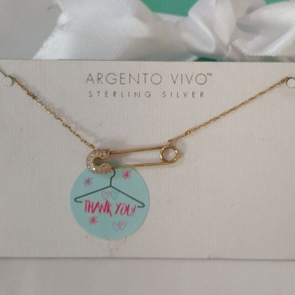 Argento Vivo Sterling Silver 18kt Gold Plated Safety Pin Station Necklace