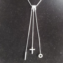 Load image into Gallery viewer, Sterling Silver Contemporary Y Necklace with CZs accenting Bar, Cross, + Open O